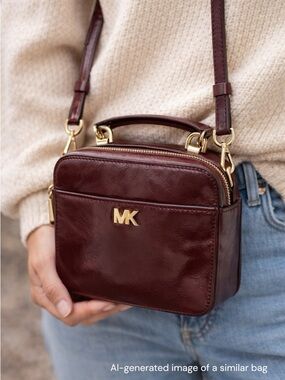Michael Kors Oxblood Leather Mott Mini Crossbody Bag MK Logo Gold Top Handle